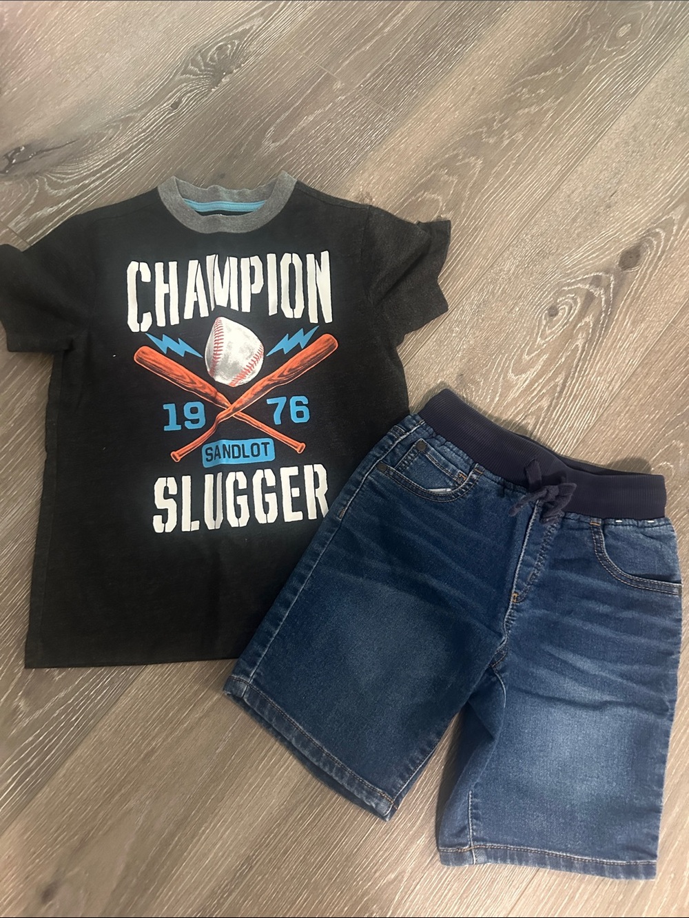 Gymboree Black Tee with Blue & Orange Baseball Graphic and Jean shorts